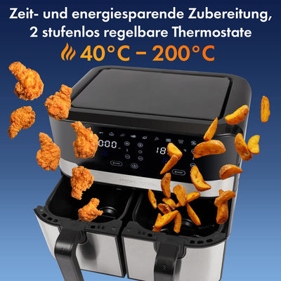 ProfiCook® Doppel-Heißluftfritteuse | 9 Liter | XXL Heißluftfritteuse Doppelkammer | Frittieren mit heißer Luft ohne zusätzliches Öl | 9 Programme | Air Fryer |Touchscreen | 2400 Watt | PC-FR 1242 H