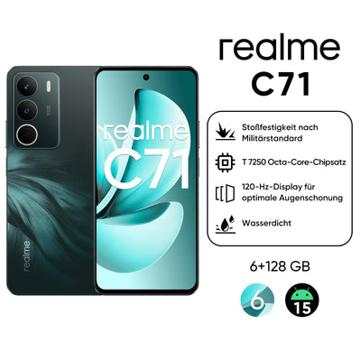 realme C71 Smartphone 6 + 128 GB, 5G Handy, 50 MP Kamera, 6,67 Zoll bis 120 Hz, großer Akku mit 6000 mAh, stoßfest, Militärqualität, NFC, Waldeule, ohne Adapter