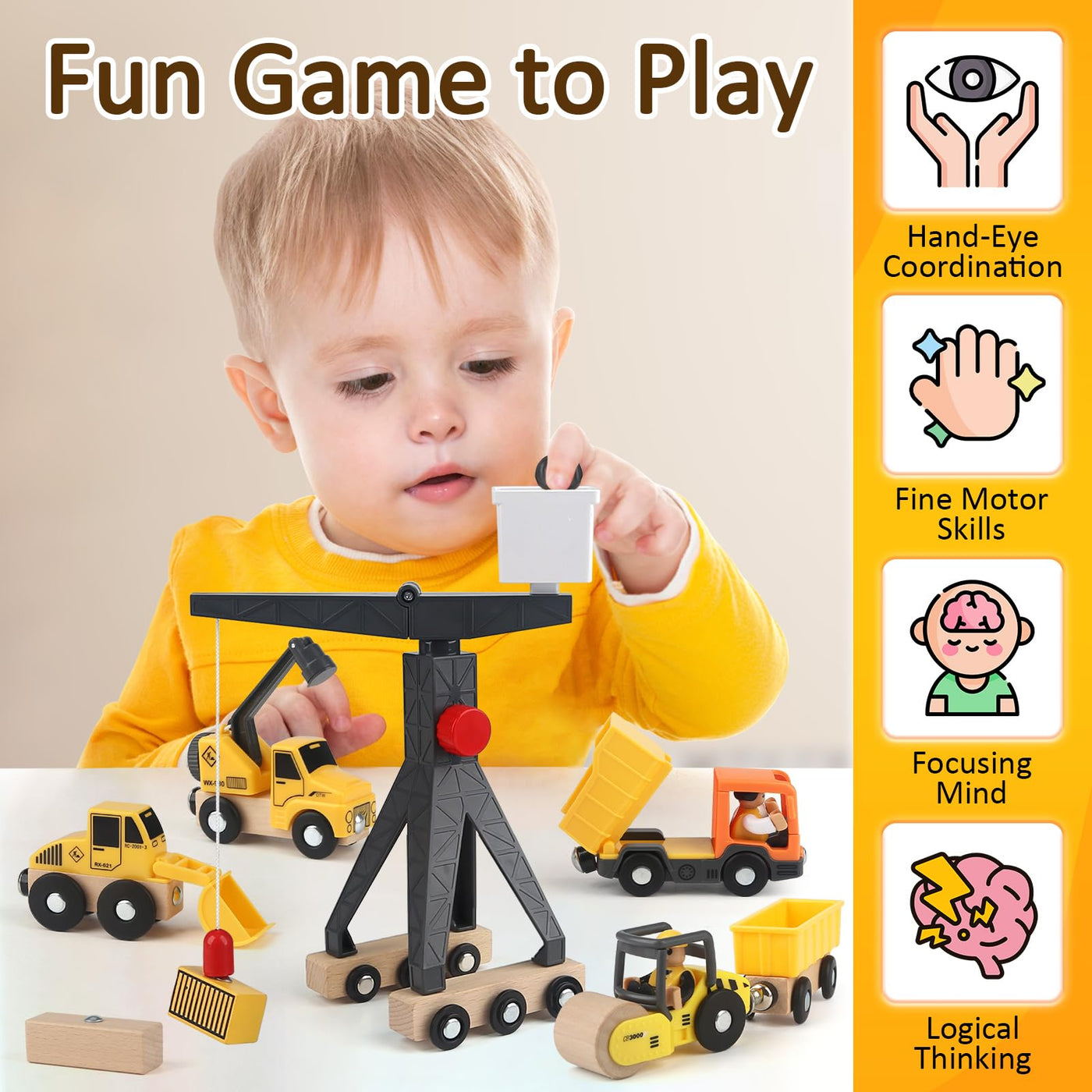 Vanplay Baustellenfahrzeuge Kinder Kran Spielzeug Holzspielzeug Baustelle Spielzeug ab 3 Jahre Junge mit Turmkran Bagger Kranwagen Muldenkipper Straßenwalze Geschenk 3 4 5 Jahre Junge