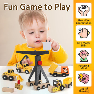 Vanplay Baustellenfahrzeuge Kinder Kran Spielzeug Holzspielzeug Baustelle Spielzeug ab 3 Jahre Junge mit Turmkran Bagger Kranwagen Muldenkipper Straßenwalze Geschenk 3 4 5 Jahre Junge