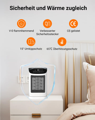 Primevolve Heizlüfter Energiesparender-1800W PTC Keramik Heizlüfter mit Oszillation, 12 Stunden-Timer, Fernbedienung, 4 Heizmodi, Thermostat - Leises