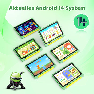 Ainmel Android 14 Kinder Tablet, Octa-Core Prozessor Tablet für Kinder, 14GB+64GB, 5000mAh, Kindersicherung, WiFi 6, Bluetooth 5.3, kindersicheres Gehäuse (grün)