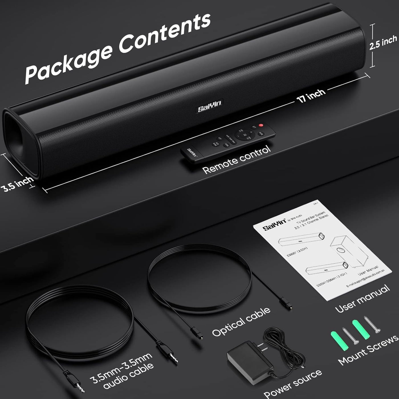 Saiyin Soundbar für TV Geräte, 40 Watt kleine Soundbar für TV, Surround Sound System TV Soundbar Lautsprecher mit Bluetooth/Optical/AUX Anschluss für PC/Gaming/Projektoren, 17 Zoll