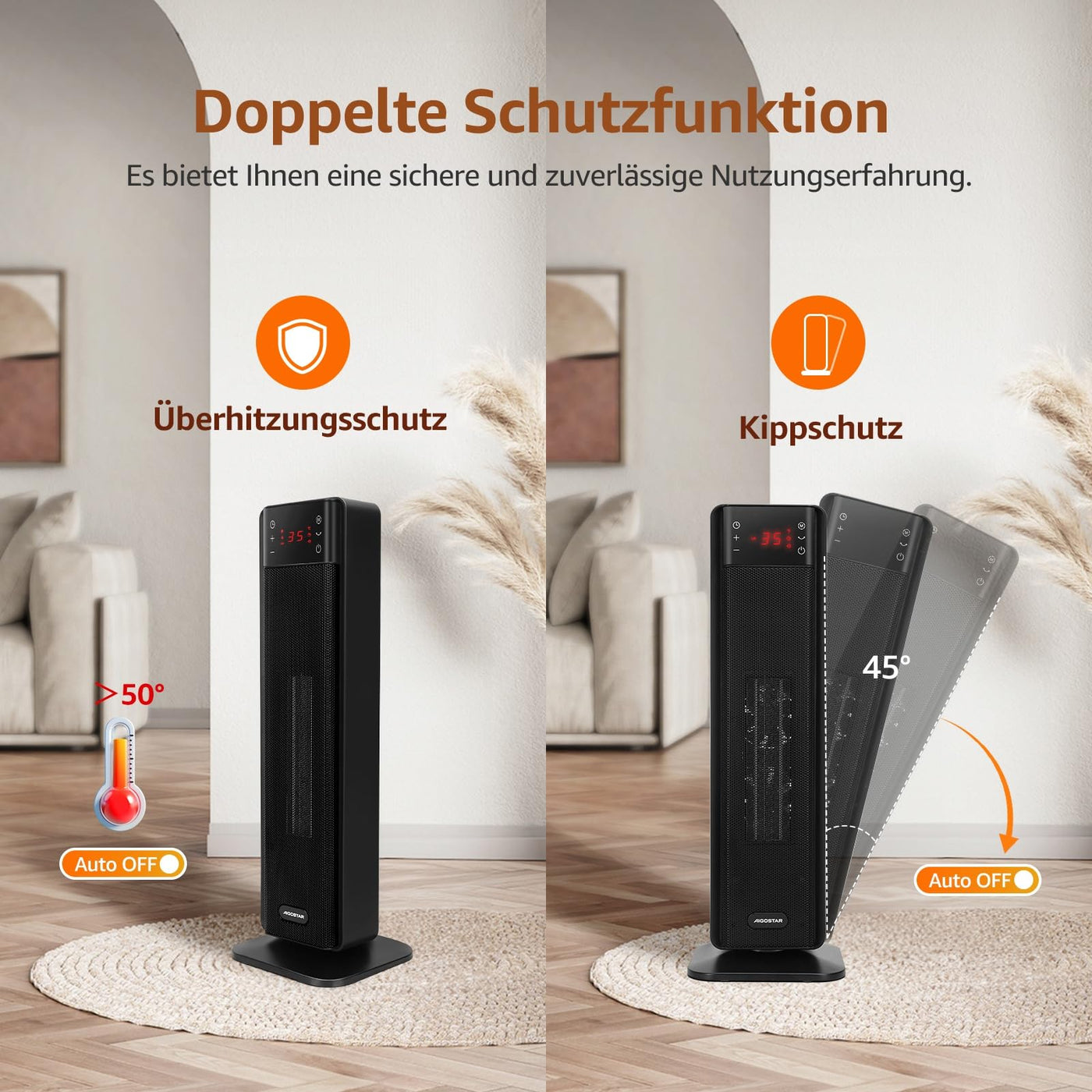 Aigostar Energiesparend Heizlüfter mit Thermostat Heizung, 2000W PTC Keramik Heizlüfter mit Fernbedienung, 70° Oszillation, 4 Modi, 24H Timer, LED-Anzeige, Überhitzungs- & Kippschutz, Schwarz