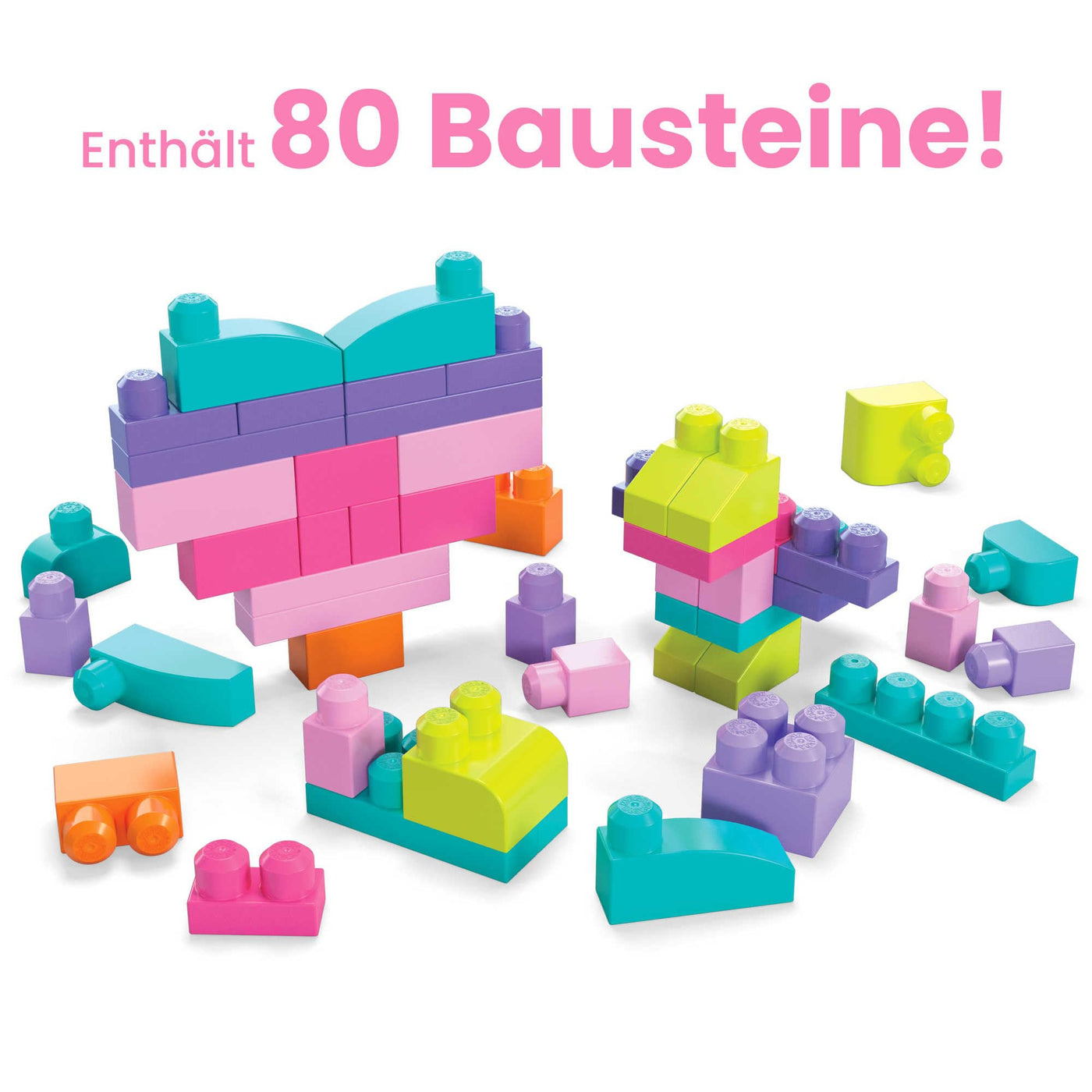 MEGA BLOKS Großer Bausteinebeutel - 80 robuste Bausteine mit wiederverwendbarem Aufbewahrungsbeutel, kompatibel mit Allen Mega Bloks Bauspielzeugen, für Kinder ab 1 Jahr, DCH62