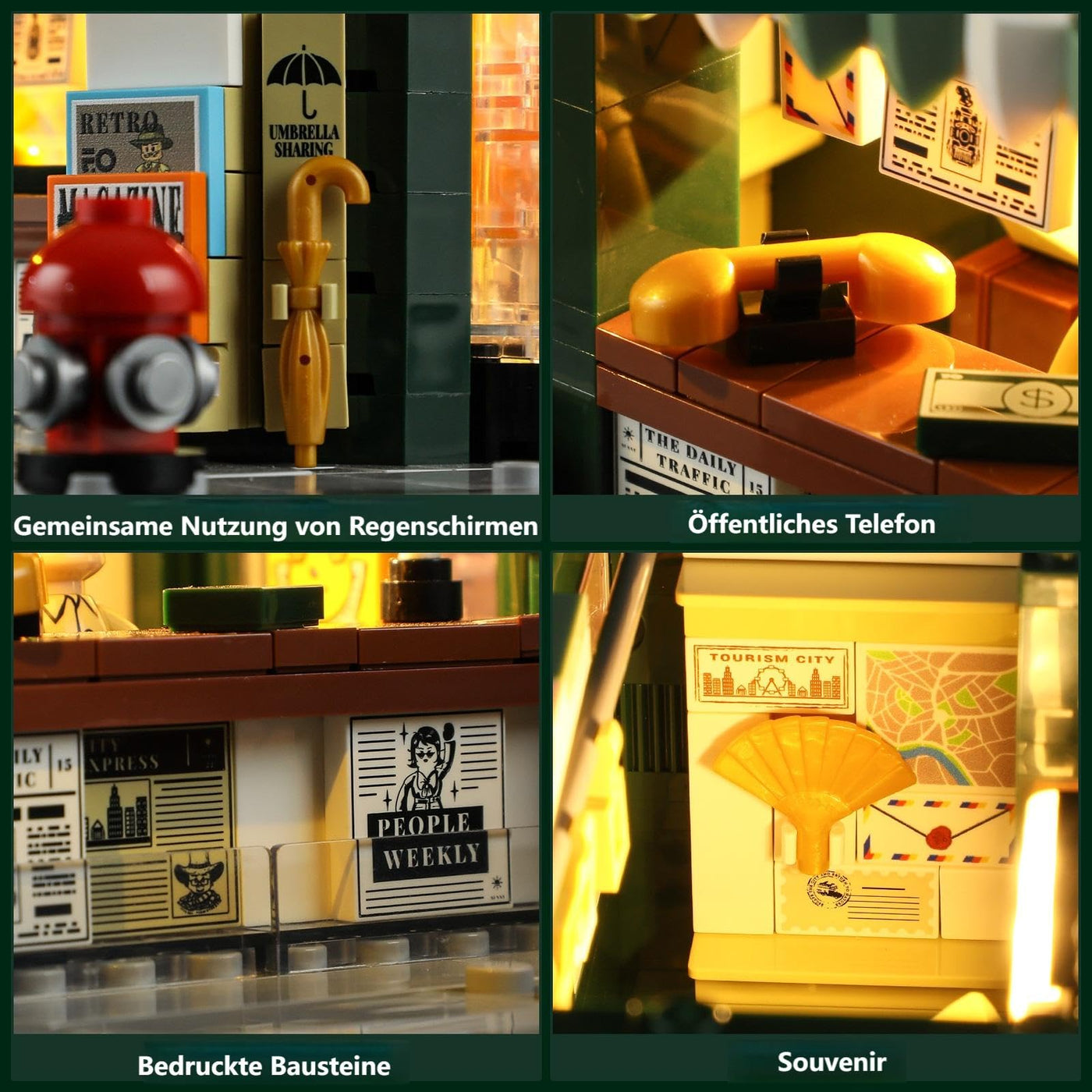 FUNWHOLE Kiosk Beleuchtung Klemmbausteine Haus, Schreibtisch-Deko, Retro Modular Building Stadtleben Set, Geschenk für Erwachsene und Jugendliche,556 Pcs,F9023,Newsstand