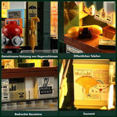 FUNWHOLE Kiosk Beleuchtung Klemmbausteine Haus, Schreibtisch-Deko, Retro Modular Building Stadtleben Set, Geschenk für Erwachsene und Jugendliche,556 Pcs,F9023,Newsstand