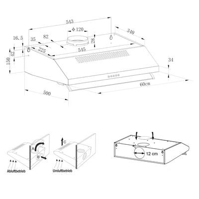 NEG Dunstabzugshaube NEG15-ATW+ (weiß) Edelstahl-Unterbau-Haube mit Doppelmotor (Abluft/Umluft) und LED-Beleuchtung (60cm) Unterschrank- oder Wandanschluss