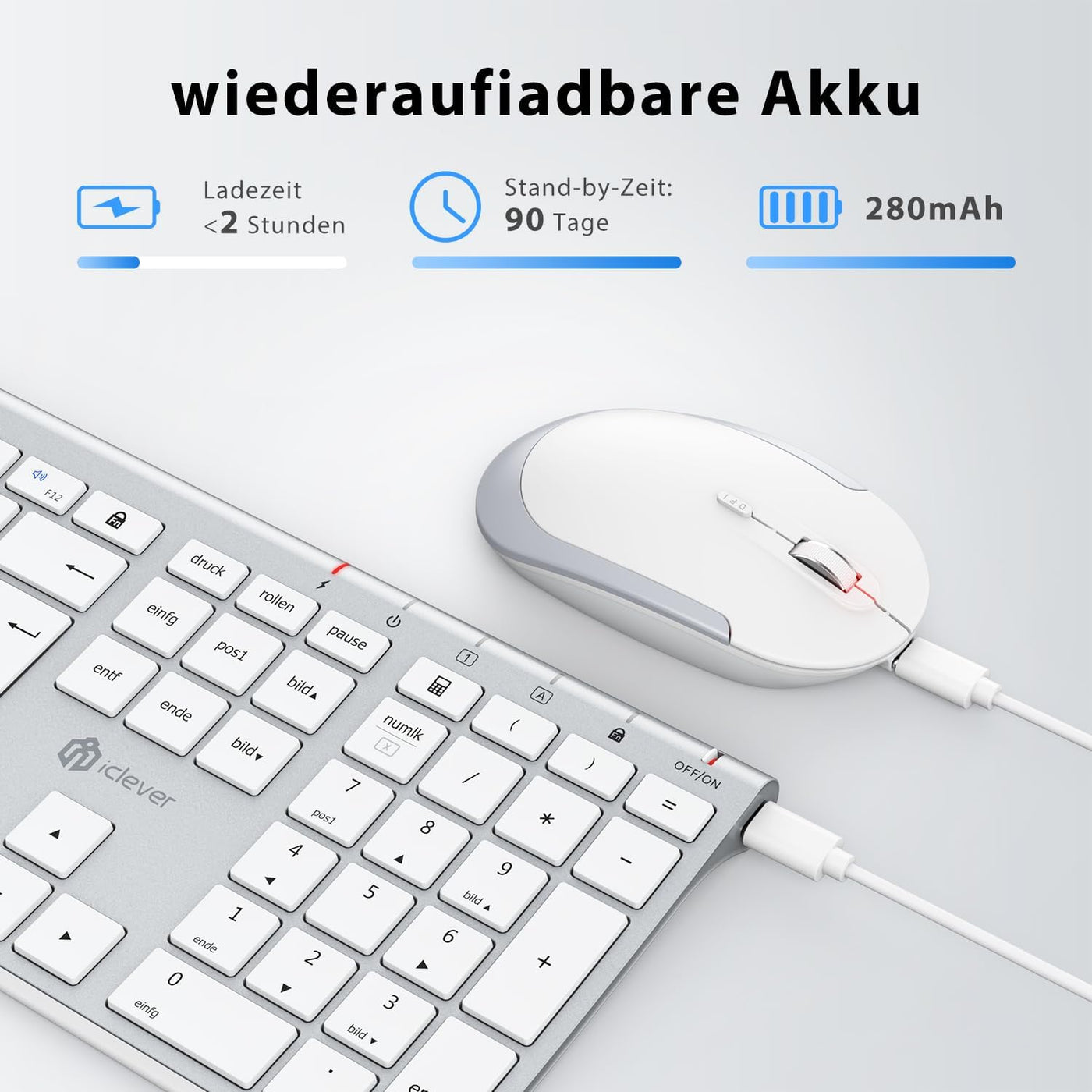 iClever kabellose Tastatur und Maus Set, 2.4G kabellose Tastatur und Maus, USB-C wiederaufladbar, Originalgröße, schlanke, dünne und widerstandsfähige Tastatur für Windows 7/8/10, Mac OS