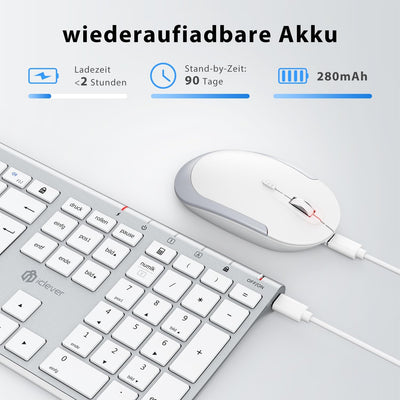 iClever kabellose Tastatur und Maus Set, 2.4G kabellose Tastatur und Maus, USB-C wiederaufladbar, Originalgröße, schlanke, dünne und widerstandsfähige Tastatur für Windows 7/8/10, Mac OS