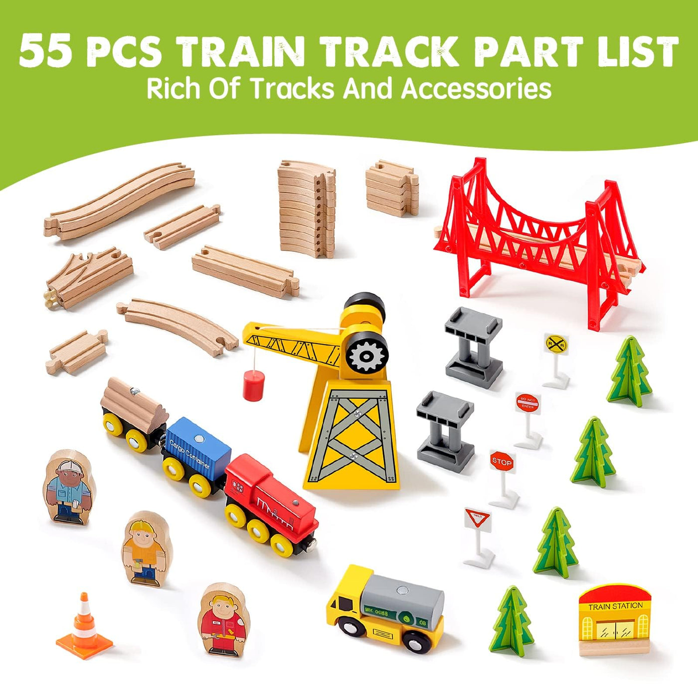 Tiny Land 55Pcs Holzeisenbahn Set, Eisenbahn Holz für Kinder mit Kran, Kombinierbar Zug Spielzeug, Holzeisenbahn Zubehör Passend für Alle Großen Marken, Holzzug Spielzeug für Kinder ab 2~5