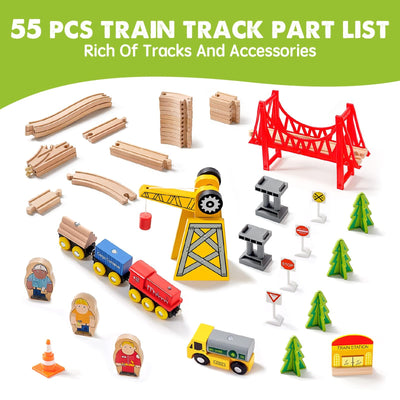 Tiny Land 55Pcs Holzeisenbahn Set, Eisenbahn Holz für Kinder mit Kran, Kombinierbar Zug Spielzeug, Holzeisenbahn Zubehör Passend für Alle Großen Marken, Holzzug Spielzeug für Kinder ab 2~5