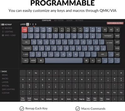 Keychron K3 Pro QMK/VIA Custom Ultra-Slim Wireless Mechanical Keyboard, Hot-swappable Bluetooth/Wired DE-ISO Layout Programmable RGB Backlit Brown Switch Gaming Keyboard for Mac Windows