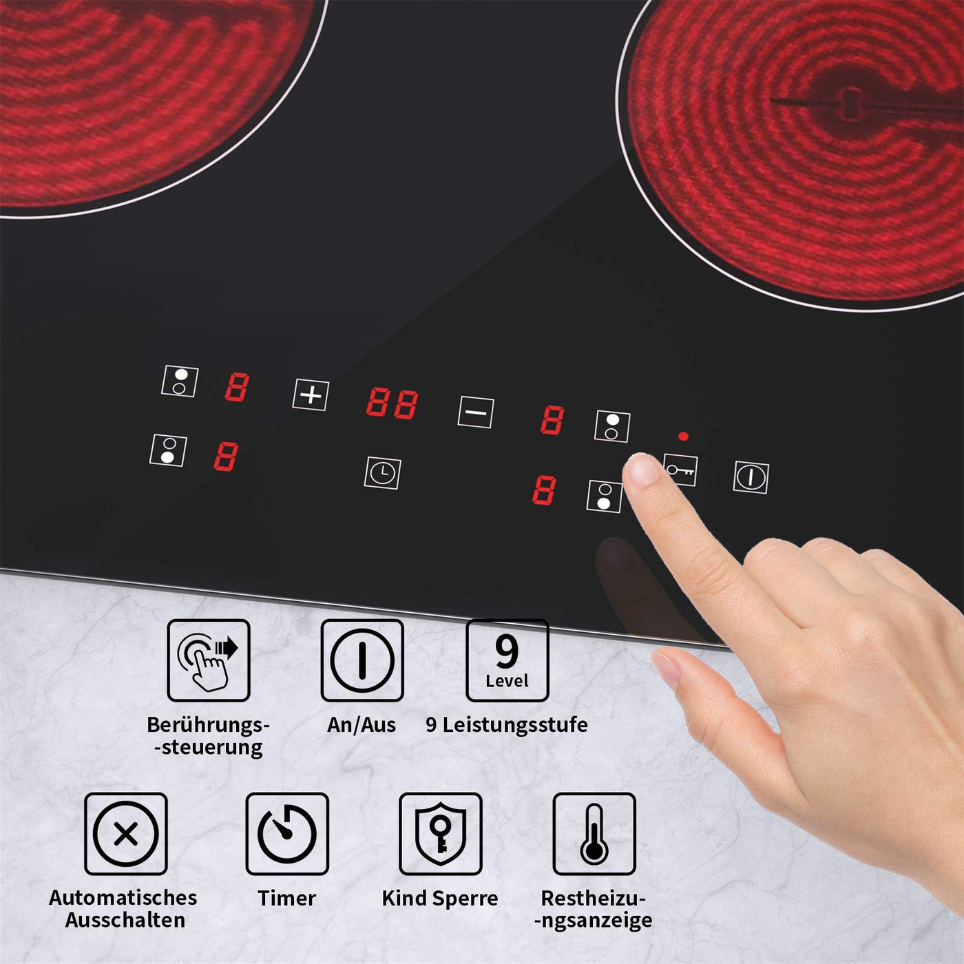 IsEasy Glaskeramikkochfeld, 6000W 59cm, 4 Kochzonen Kochfelder, Verdrahtung, Einbau Elektro Autark Rahmenlos, 9 Heizstufen, Passend für die Meisten Töpfe