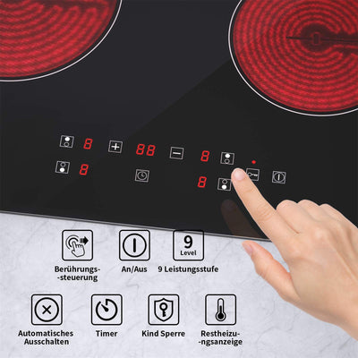 IsEasy Glaskeramikkochfeld, 6000W 59cm, 4 Kochzonen Kochfelder, Verdrahtung, Einbau Elektro Autark Rahmenlos, 9 Heizstufen, Passend für die Meisten Töpfe