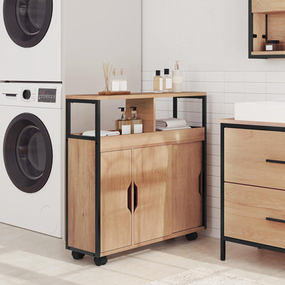 EUGAD Badezimmerschrank, Nischenschrank schmal, Badschrank mit 2 offenen Fächern, Verstellbarer Ablage, Schiebetüren, Nischenregal mit Rollen, 70x70x20 cm, schwarz helle Eiche