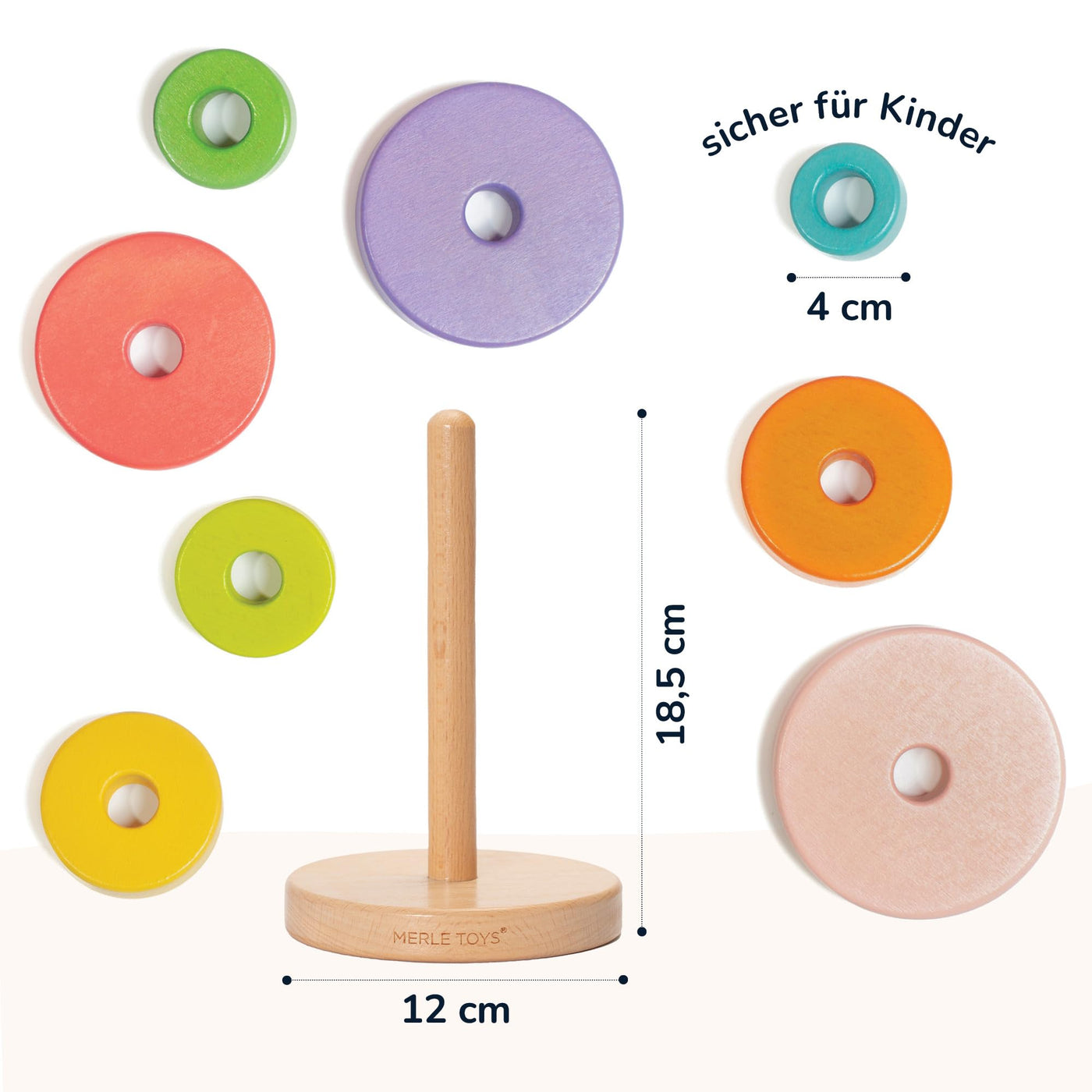 Merle Toys® Stapelturm Holz, 100% FSC-zertifiziertes Holzspielzeug Baby, Stapelturm ab 1 Jahr, Montessori Spielzeug, Stapelspiel ab 1 Jahr, BPA-Freies Baby Spielzeug aus Holz, 8X Bunte Stapelringe