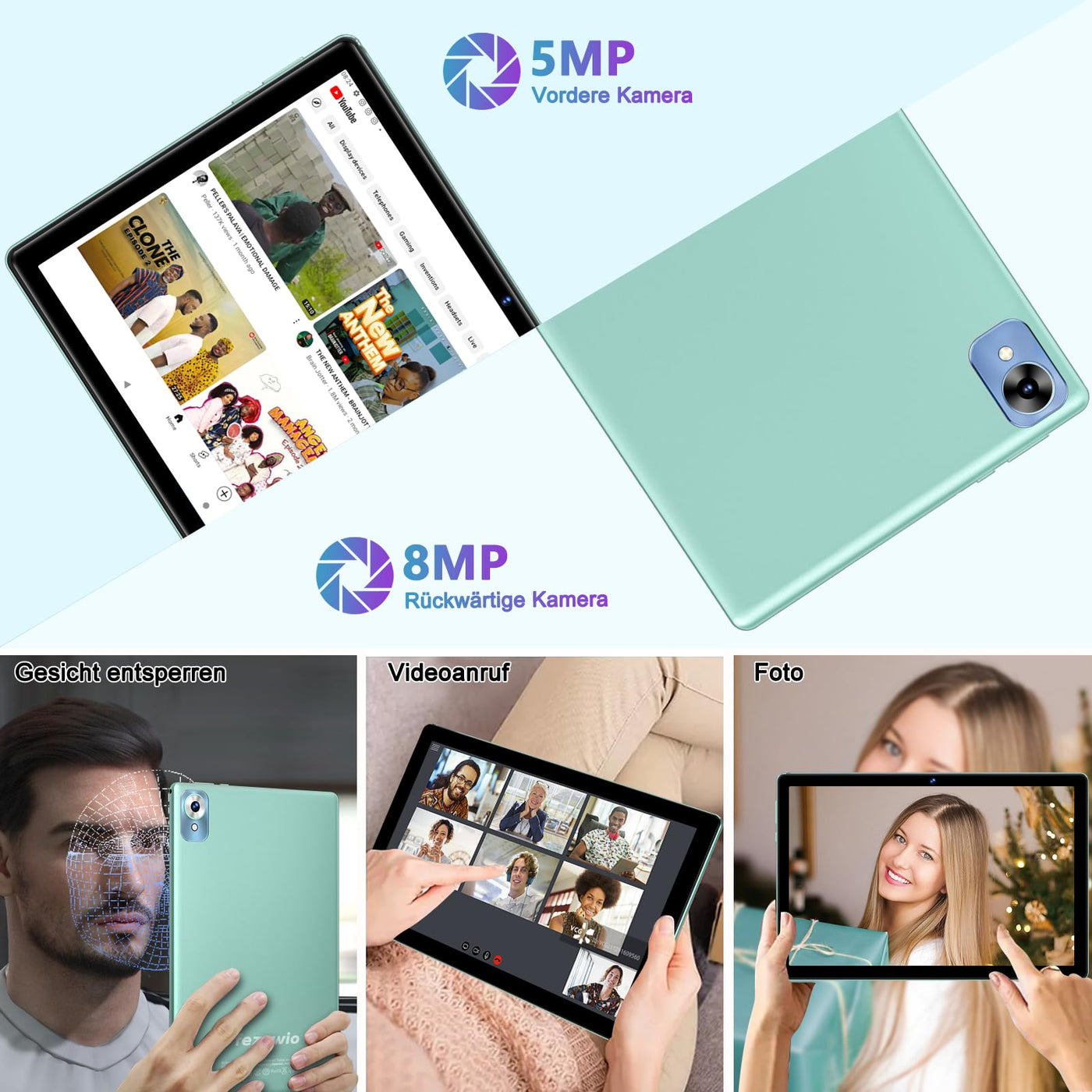 fezawio Android 14 Tablet 10 Zoll 20GB RAM+128GB ROM, Octa-Core WiFi 6, 6000mAh, (1TB TF) Tablet mit Tastatur und Maus-(grün)