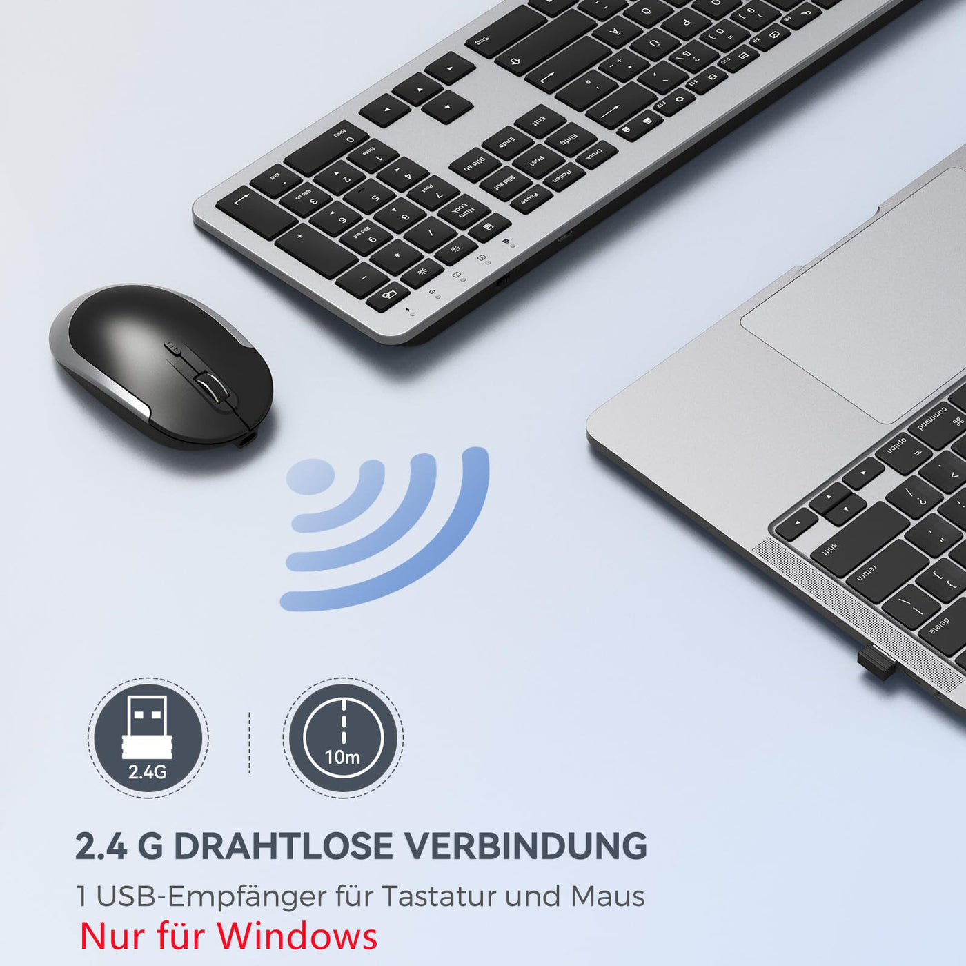 Tastatur Maus Set Kabellos, seenda Ultra-Dünne Wiederaufladbare Funk Tastatur Maus Set, Ergonomische Tastatur Kabellos mit Silikon Staubschutz für PC/Laptop/Smart TV, DE QWERTZ Layout, Schwarz&Silber