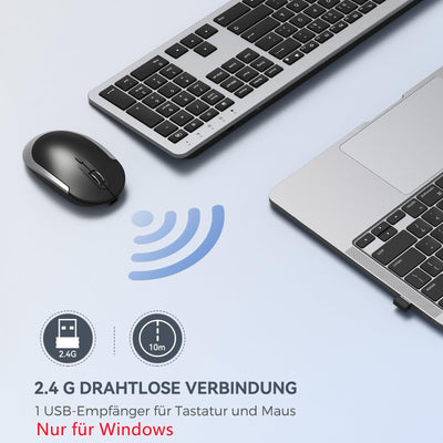 Tastatur Maus Set Kabellos, seenda Ultra-Dünne Wiederaufladbare Funk Tastatur Maus Set, Ergonomische Tastatur Kabellos mit Silikon Staubschutz für PC/Laptop/Smart TV, DE QWERTZ Layout, Schwarz&Silber