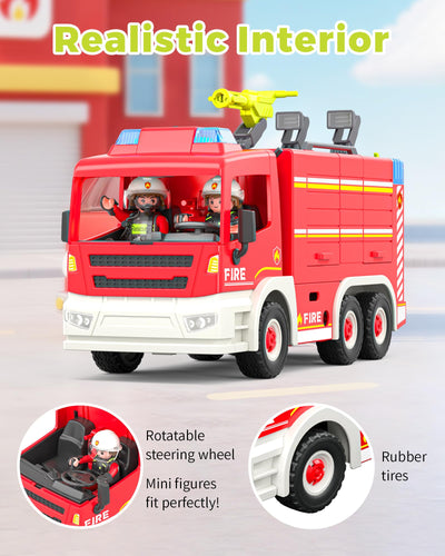 Coroiesty Feuerwehrauto Spielzeug ab 4 Jahre, Große Feuerwehrwagen mit 2 Feuerwehrleuten & Werkzeug, Licht & Sirene, pädagogisches Rettungsfahrzeug für Kinder Jungen Mädchen