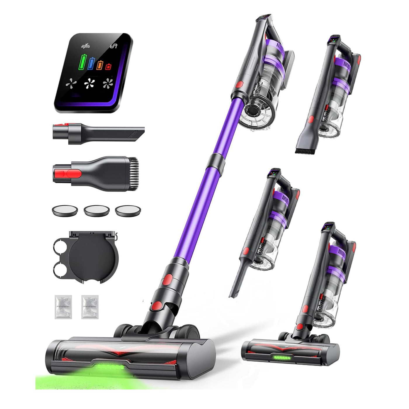 Powerffy Akku Staubsauger 550W/45KPa/60Min, Staubsauger Kabellos mit HD-Display, Aromatherapie, 1,8L-Staubbehälter, Akkustaubsauger grünem LED-Licht Bürste für Teppiche, Hartböden und Tierhaare