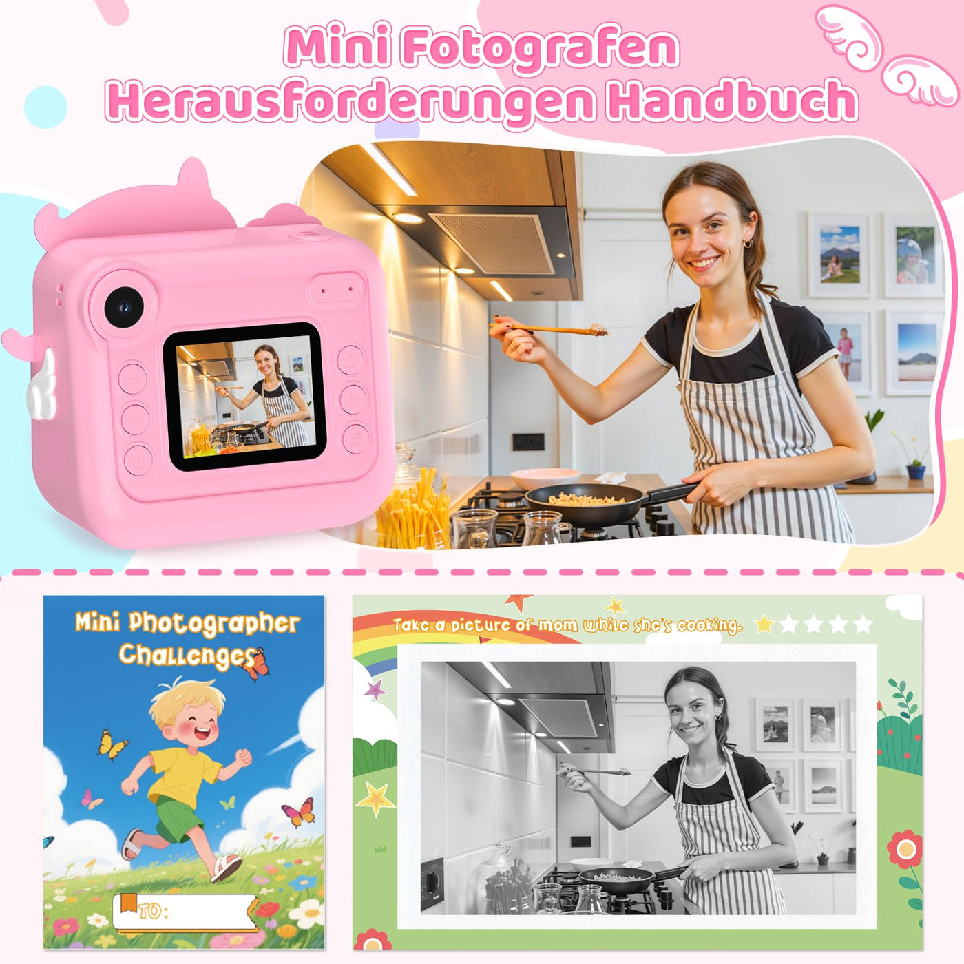 Fippesax Sofortbildkamera Kinder, 1080P HD Kinderkamera mit 32-GB-Karte, 48MP Selfie Kinderkamera Sofortbildkamera, Kinderspielzeug Einhorn Geschenke für Mädchen & Jungen von 3-12 Jahren