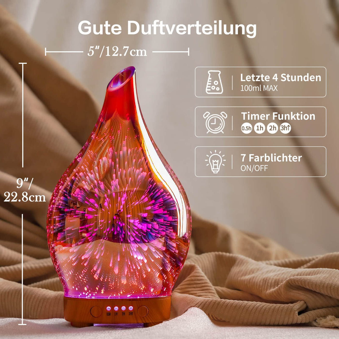 Porseme Aroma Diffuser Luftbefeuchter 100ml,Handgeblasen 3D Luftbefeuchter Ultraschall Leise 7 farbwechselnde LEDs Raumbefeuchter BPA Frei für Wohnung Yoga SPA mit Timer (Rose Gold)
