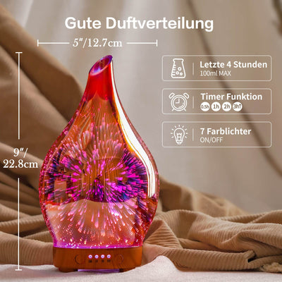 Porseme Aroma Diffuser Luftbefeuchter 100ml,Handgeblasen 3D Luftbefeuchter Ultraschall Leise 7 farbwechselnde LEDs Raumbefeuchter BPA Frei für Wohnung Yoga SPA mit Timer (Rose Gold)