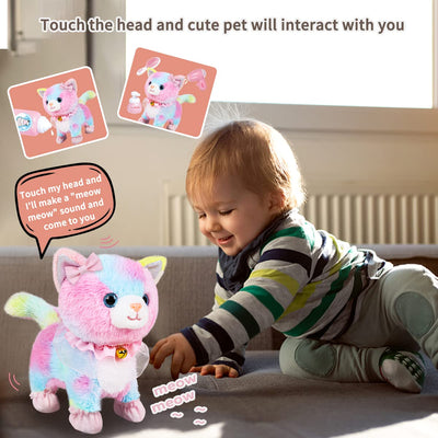 RuiDaXiang Plüschtierkatze mit Ferngesteuerter Leine, realistische interaktive Haustierkatze,die läuft und inklusive Katzenzubehör(Bunt Katze)