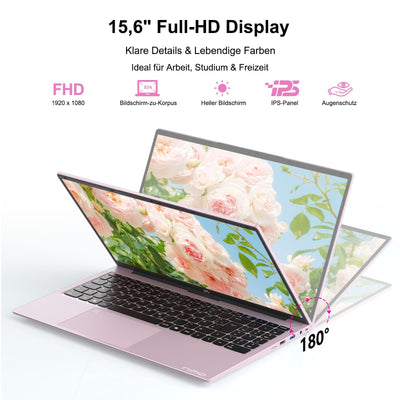 NIMO Roségold Laptop 15,6 Zoll Full HD: 16GB RAM, 1TB SSD, Intel N100, WLAN-Konnektivität, USB-C 65W, Fingerabdruck, Beleuchtete Tastatur, Leichter Computer für Arbeit & Studium