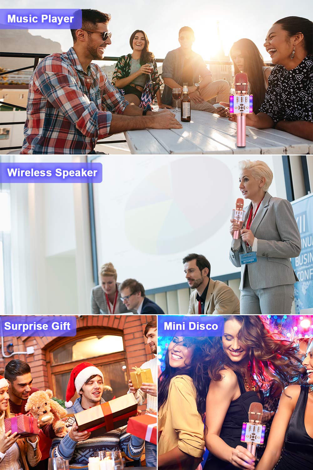 BONAOK 4 in 1 Drahtlos Tragbare Karaoke Mikrofon Lautsprecher,LED, Kinder, Heim KTV Karaoke Gerät, kompatibel mit iOS Android Bluetooth Geräten (Roségold)