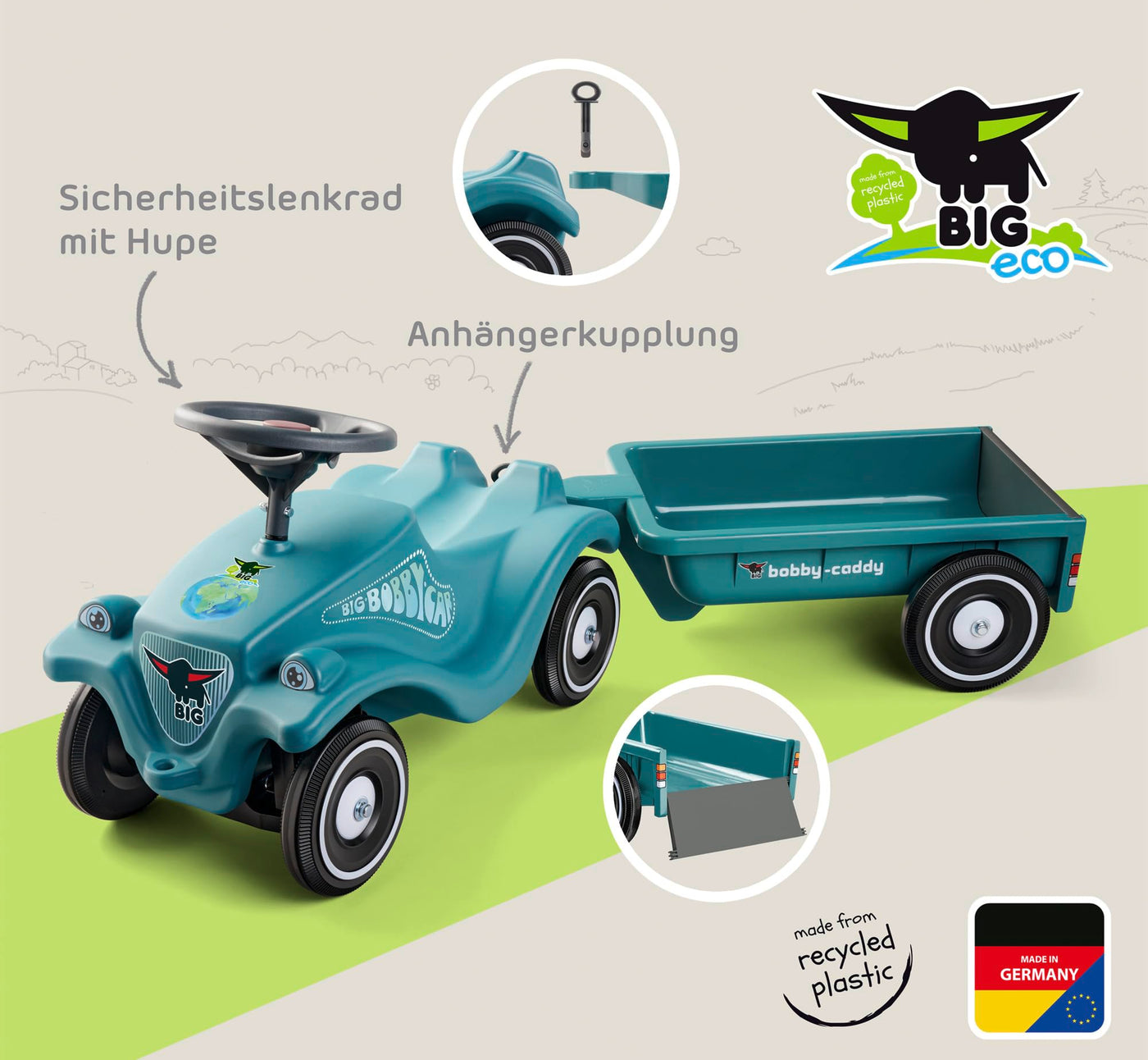 BIG Bobby Car Classic Eco 2.0 mit Anhänger - Rutschauto ab 1 Jahr aus Recycling-Material mit Caddy, Lenkrad und Hupe, für Kinder ab 1 Jahr (bis 50 kg), Türkis mit Grau
