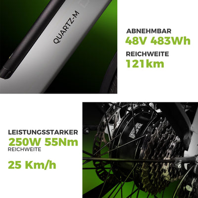 DERUIZ E-Bike 28 Zoll Quartz M – City E-Bike für Damen & Herren, 250W 48V 483Wh, 55 Nm Motor, bis 25 km/h, Reichweite bis 121 km, Trekking Elektrofahrrad in Metallic Grey
