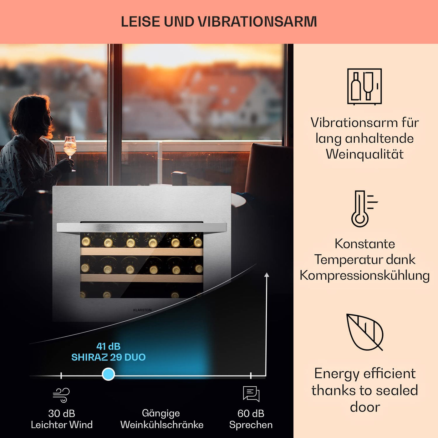 Klarstein Einbau-Weinkühlschrank, 1 Zonen Getränkekühlschrank Klein, Kleiner Weinschrank, 51L Wein-Kühlschrank Klein mit Glastür & Top-Down Tür, Flaschenkühlschrank Wine Fridge für 24 Flaschen