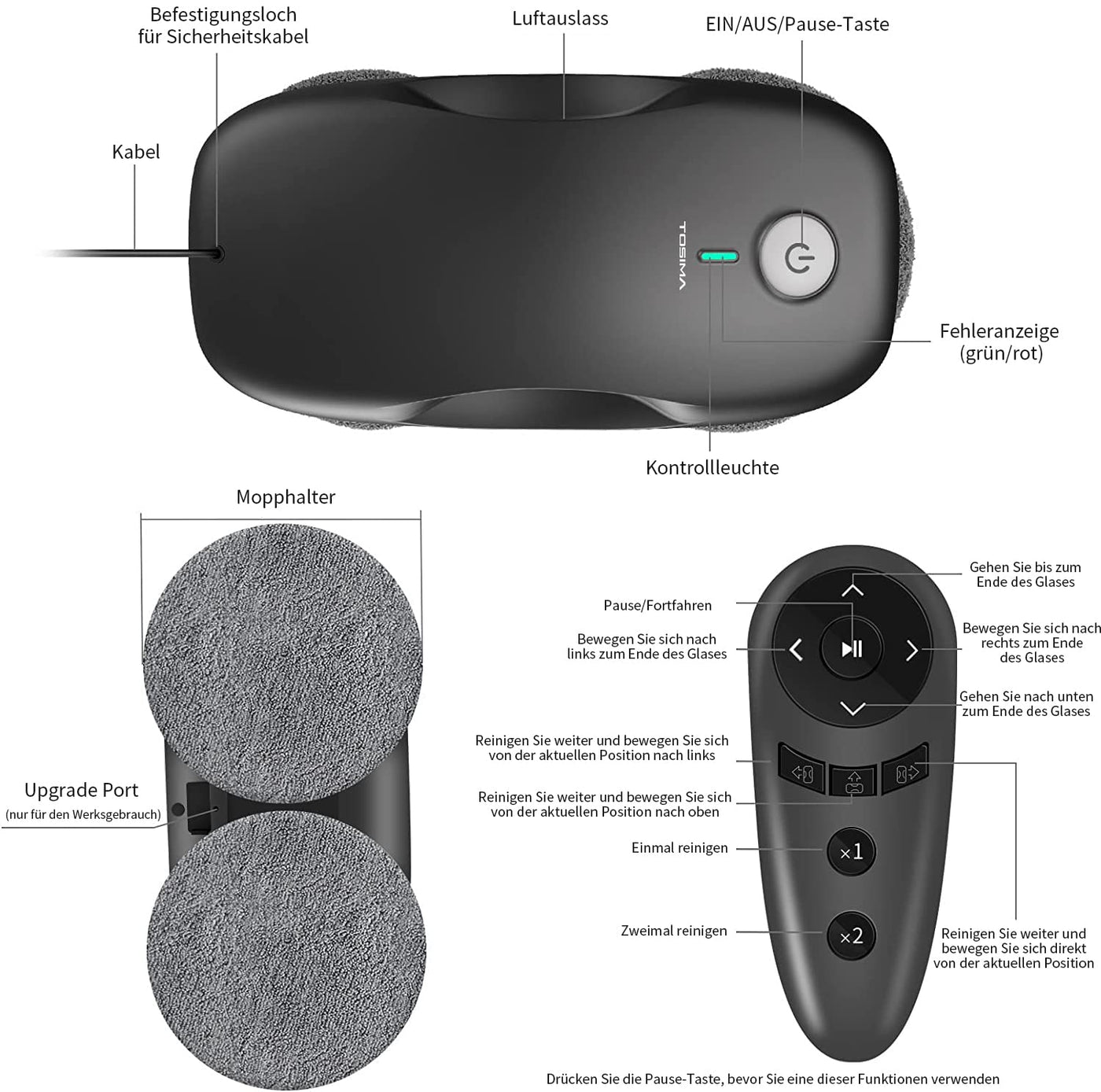 Tosima W2 Fensterputzroboter 3800PA, Fensterputzer Elektrisch- mit Dreifachem Sicherheitssystem, Intelligenter Navigation, Fernbedienung, für Alle Glatten Oberflächen, mit 12 Tüchern （6 Paare）
