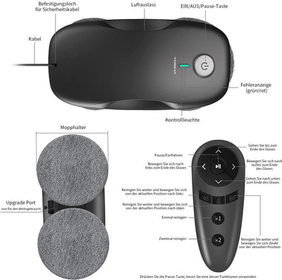 Tosima W2 Fensterputzroboter 3800PA, Fensterputzer Elektrisch- mit Dreifachem Sicherheitssystem, Intelligenter Navigation, Fernbedienung, für Alle Glatten Oberflächen, mit 12 Tüchern （6 Paare）