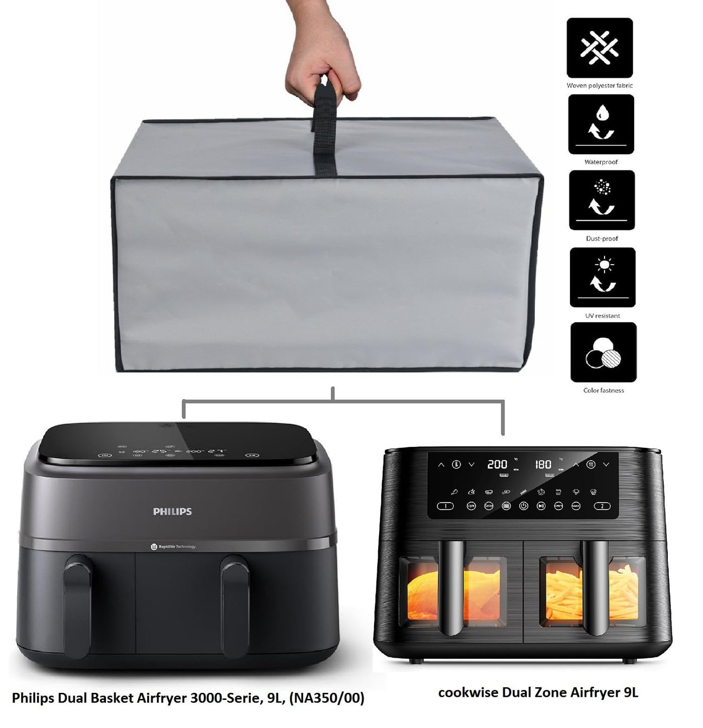 hitzebeständige, wasser und staubdichte Abdeckung für ‎cookwise AF2-40D06/Philips Dual Basket Airfryer 3000-Serie(NA350/00), 9L,Heißluftfriteuse (Silbergrau)