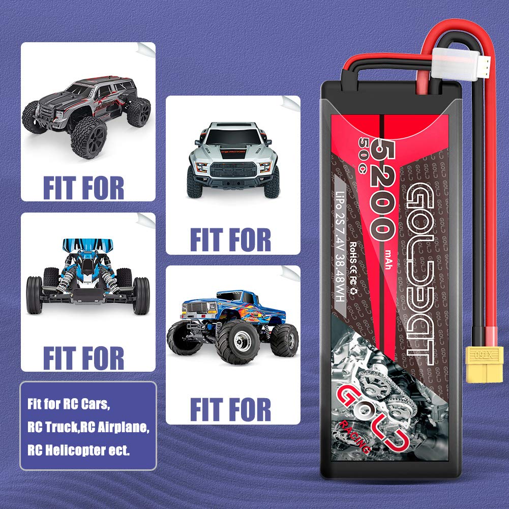 GOLDBAT 2S Lipo RC Akku 7,4V 50C 5200mAh LiPo Akku Hardcase Pack mit XT60 Stecker für RC Auto Evader RC Hubschrauber RC Truggy Buggy Evader BX Auto LKW Truck RC Hobby (2Packs)