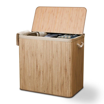 Juskys Bambus Wäschekorb Curly Natur 150L - Hygienischer Wäschekorb mit Deckel, Tragegriff & Wäschesack - 3 Fächer - Natürliche Bambus Optik