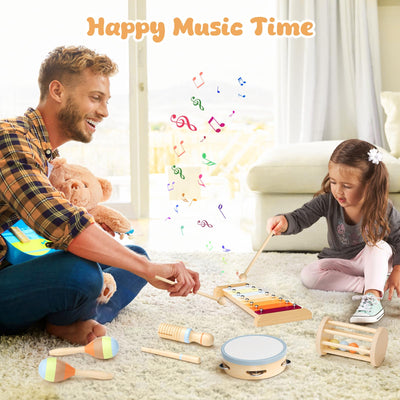 Musikinstrumente für Kinder, Montessori Musikinstrumente Set, Musik Holzspielzeug für Jungen und Mädchen, Spielzeug Geschenke Trommel Xylophon für Kleinkinder ab 1-3 Jahren