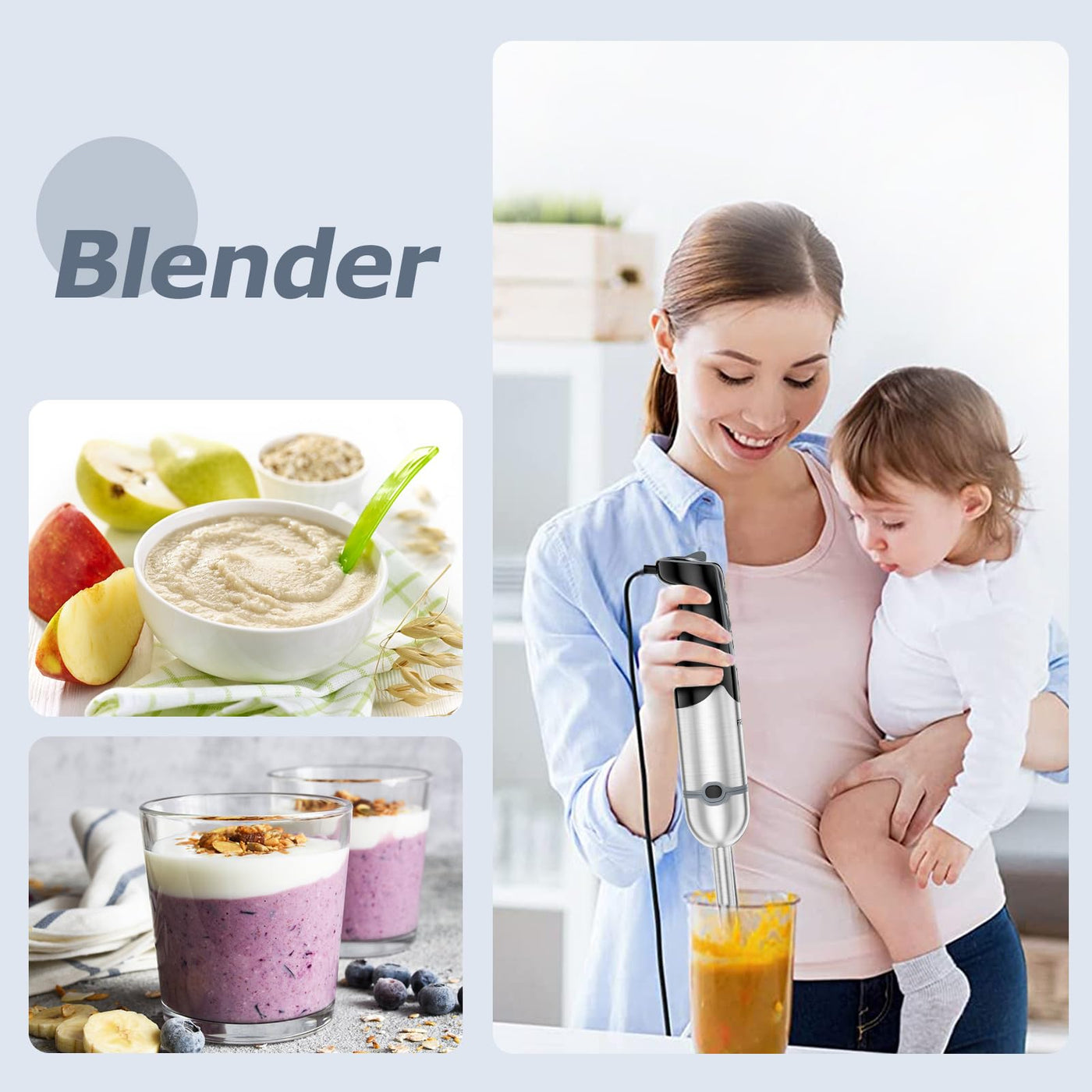 FRESKO 4-in-1 Stabmixer Edelstahl, 1000W Pürierstab mit 12 Geschwindigkeiten und Turbo-Modi, Inklusive Schneebesen, 500ml Lebensmittelhacker und 700ml Messbecher, für Babynahrung, Suppe, Smoothies