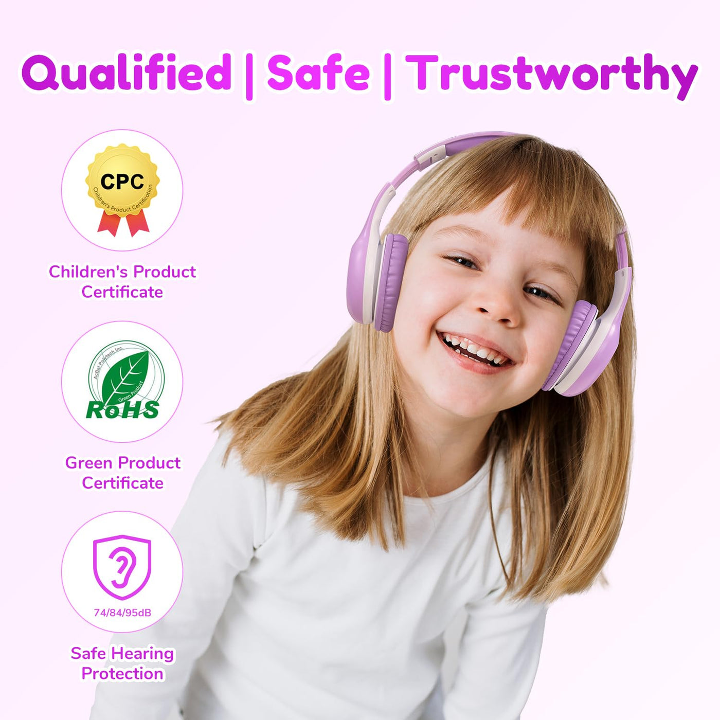 EarFun Bluetooth Kopfhörer Kinder, 74/85/94dB Lautstärkeregelung, HiFi Sound, HD-Mikrofon, 45 Std Akku, Faltbare, Einstellbar, Kopfhörer Kabellos Bluetooth Kinder für Schule/Reise/PC, Lila