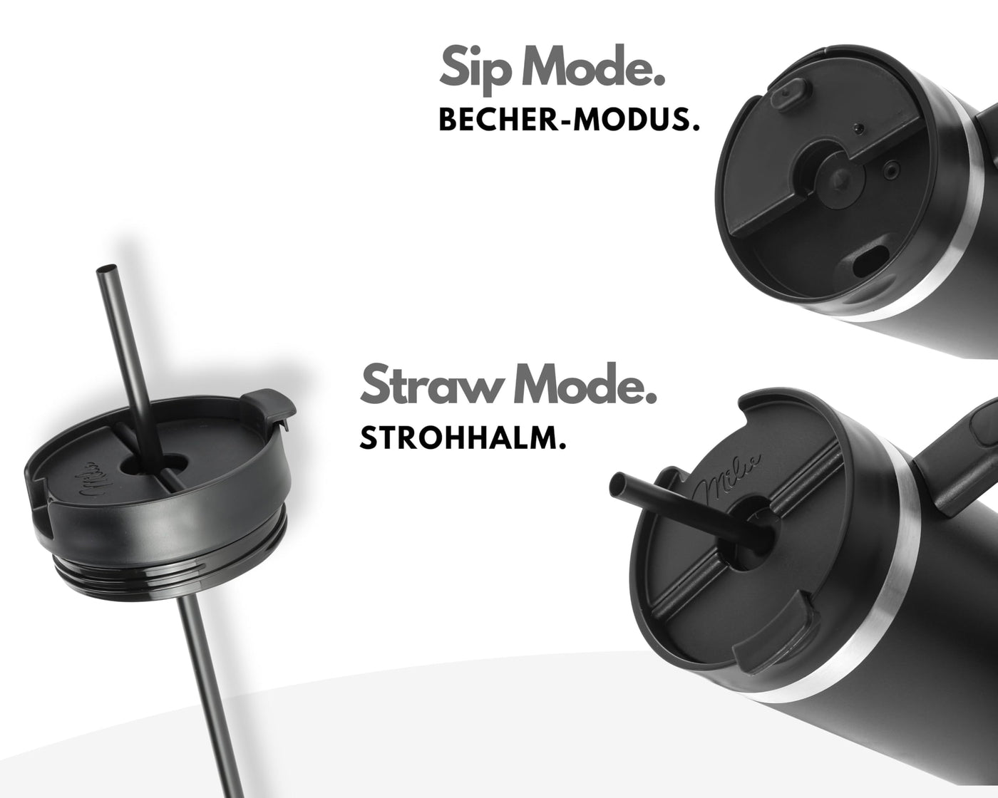 Milu Thermobecher 1200ml mit Strohhalm und Henkel – 48h Eis/24h kalt/12h heiß Edelstahl Tumbler 40oz mit Griff - Isolierbecher to go - Isolierflasche Trinkflasche doppelwandig isoliert (Schwarz, 1,2L)