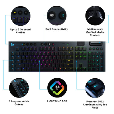 Logitech G915 LIGHTSPEED kabellose mechanische Gaming-Tastatur, Taktiler GL-Tasten-Switch mit flachem Profil, LIGHTSYNC RGB, Ultraschlankes Design, Deutsches QWERTZ-Layout - Carbon