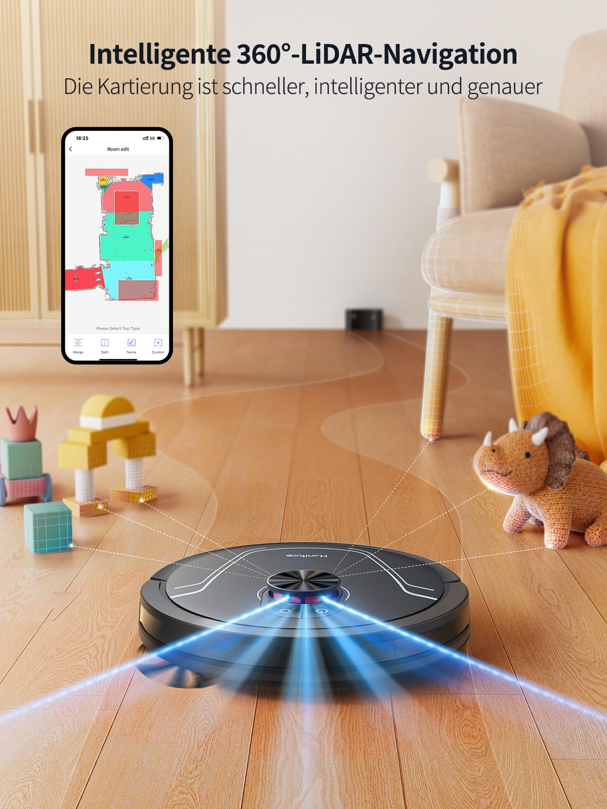 HONITURE Staubsauger Roboter,5000Pa Saugroboter mit Wischfunktion,Karten speichern und bearbeiten,3-in-1-Roboterstaubsauger,APP-Sprachsteuerung,ideal für Hartböden und Teppiche mit Tierhaaren-V8 Pro