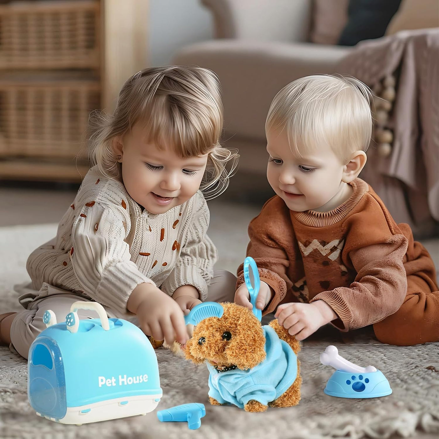 Nuheby Hund Spielzeug Kinder Hund mit Leine der Läuft und Bellt Kuscheltier Hund Elektrischer Hundekäfig, Dog Spiel Spielzeug Mädchen ab 2 3 4 5 Jahre Geschenkideen Klein Spielhund der Läuft und Bellt