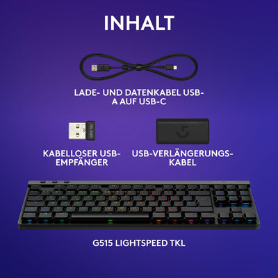 Logitech G G515 LIGHTSPEED TKL kabellose flache Gaming-Tastatur, LIGHTSYNC RGB, dünnes Profil ohne Ziffernblock, PBT-Tastenkappen, lineare mechanische Switches, Deutsches QWERTZ-Layout - Schwarz