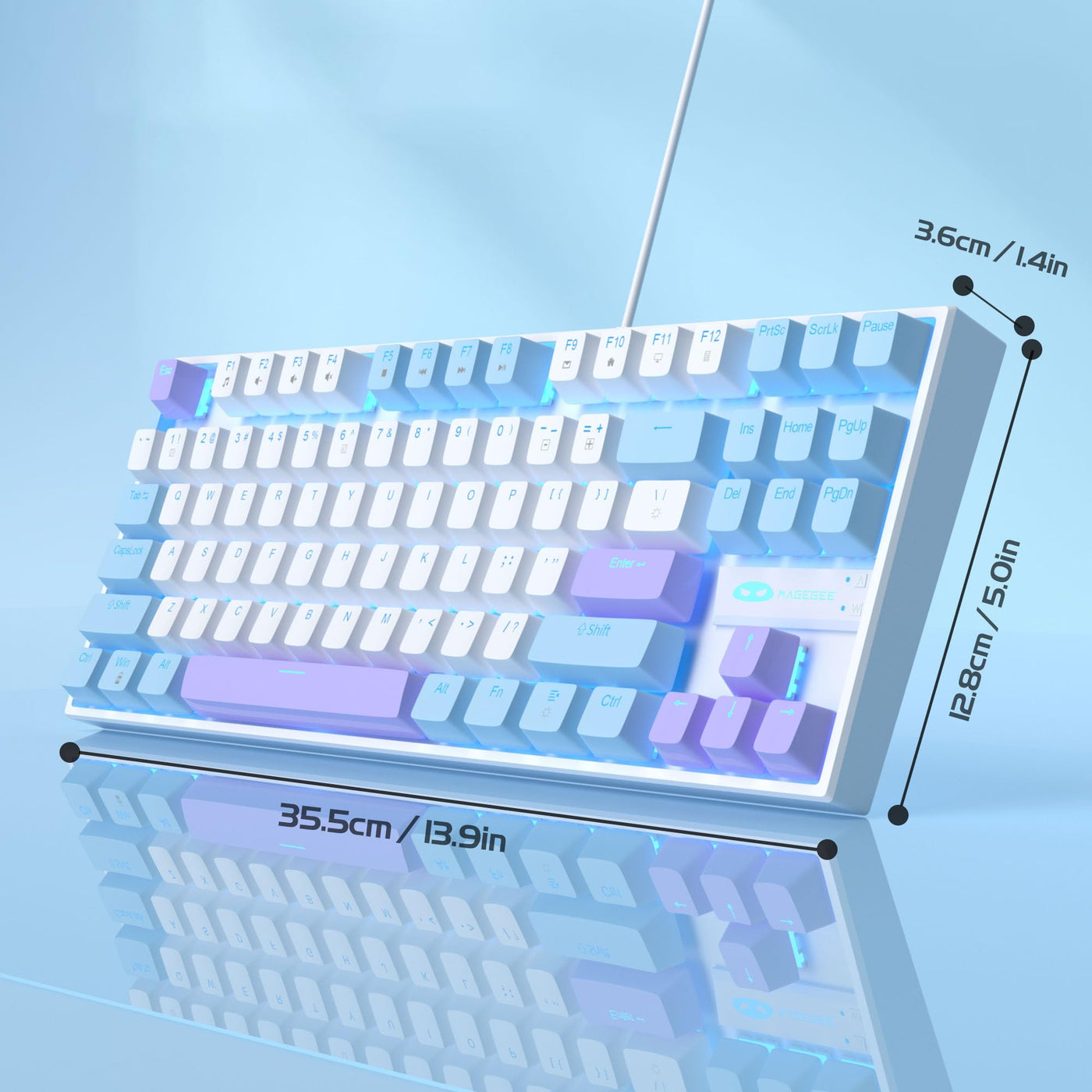 MageGee 75% Mechanische Gaming-Tastatur mit rotem Schalter, LED-Tastatur mit blauer Hintergrundbeleuchtung, kompakte TKL kabelgebundene Computertastatur für Windows Laptop PC Gamer,Weiß/Blau