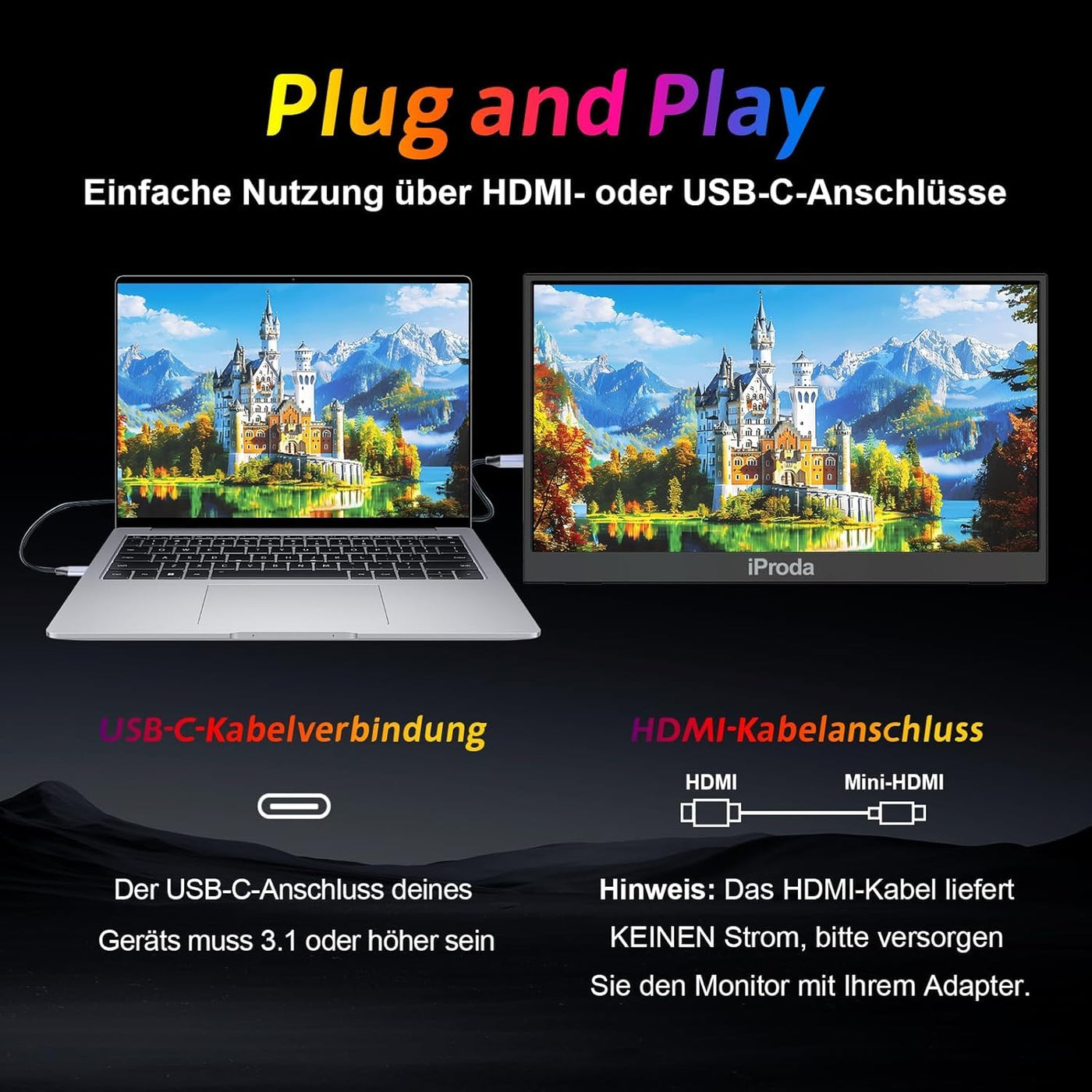 Portable Monitor, 15.6 Inch Mobiler Monitor, FHD 1080P Tragbarer Monitor mit Lautsprecher, Portabler PC Monitor Laptop Bildschirm Erweiterung USB C Zweiter Bildschirm für Laptop Gaming Switch/Xbox
